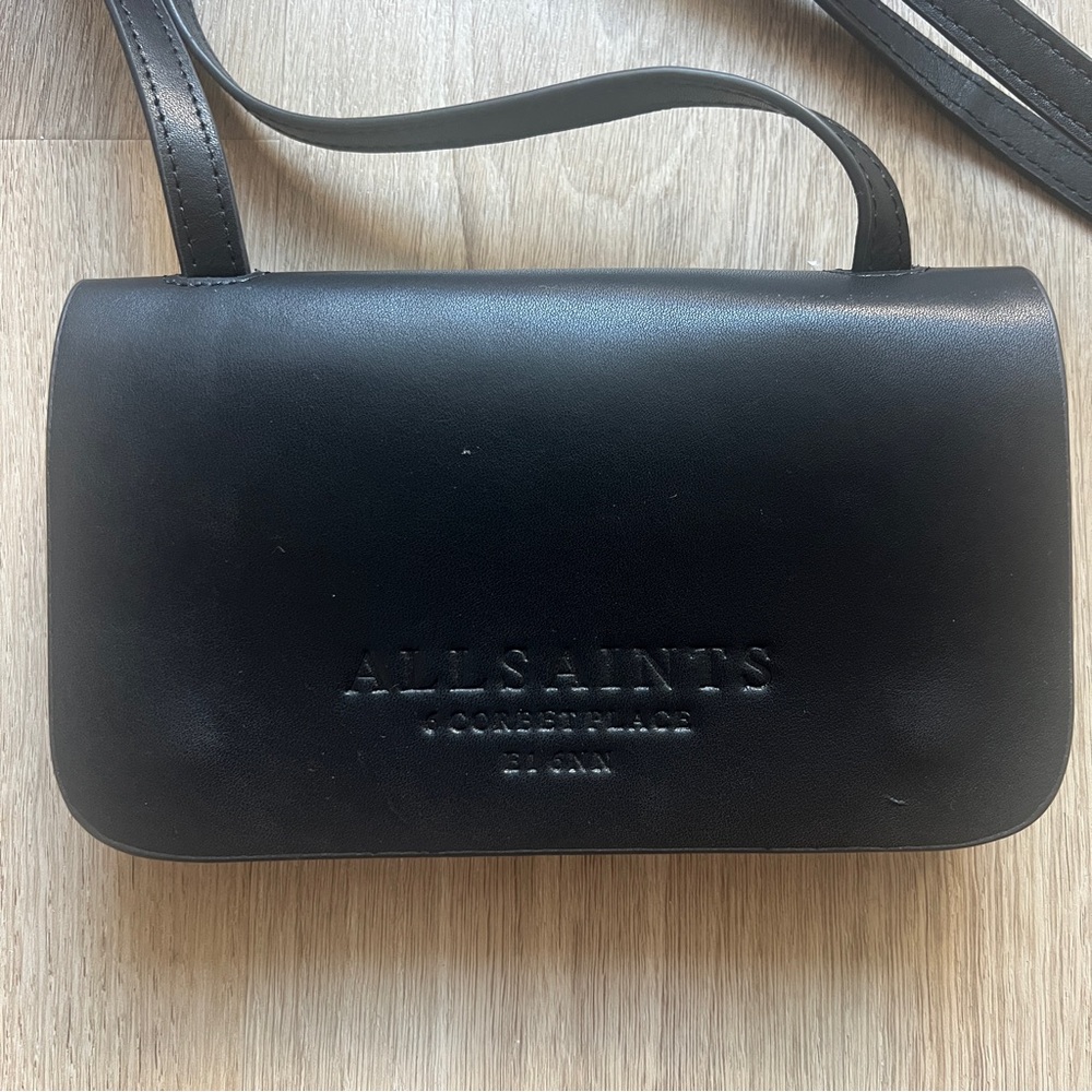 All Saints Black Leather Shoulder Crossbody with Embossed Logo